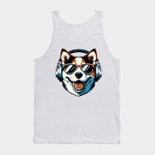 Danish-Swedish Farmdog Smiling DJ with Headphones and Sunglasses Tank Top